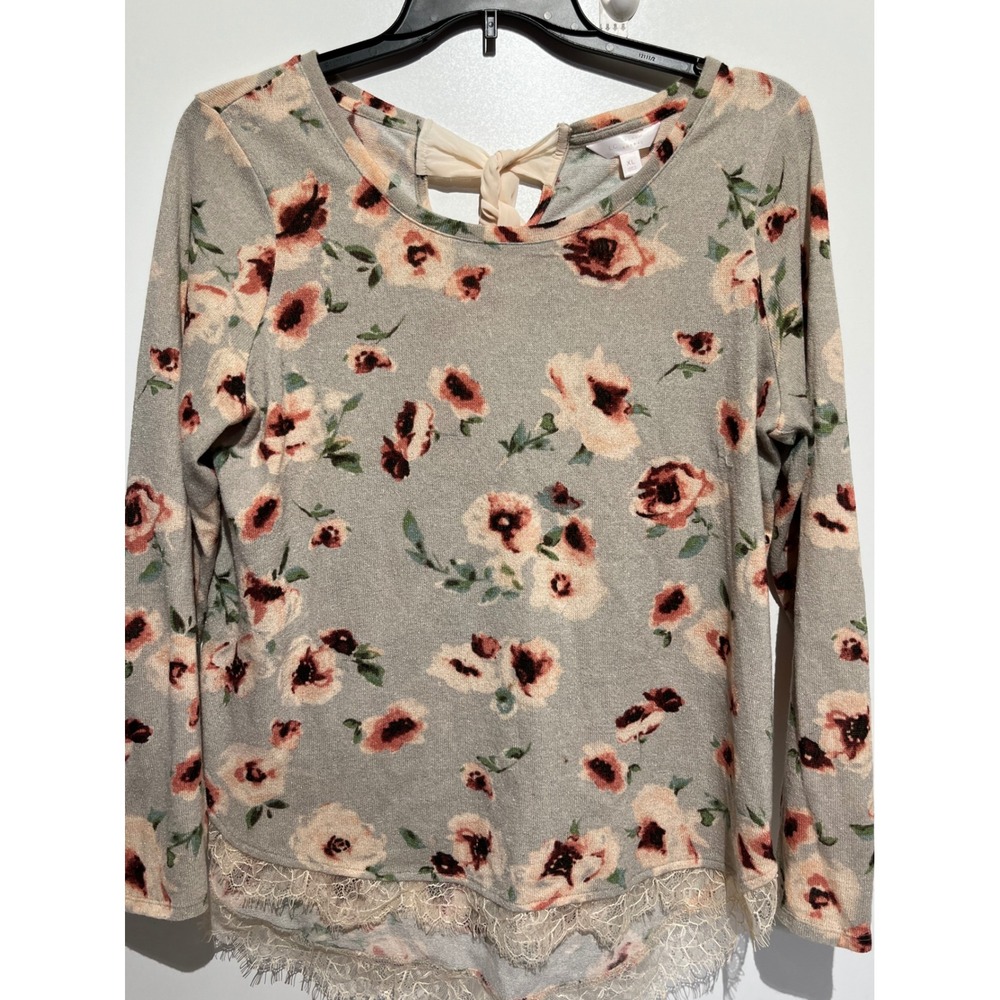 LC Lauren Conrad Floral Knit Top XL Gray Lace Trim Tie Back Long Sleeve Blouse